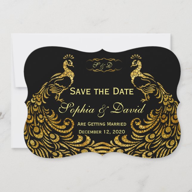 Hochzeitseinladungen | Gold Peacock SAVE THE DATE Einladung (Vorderseite)