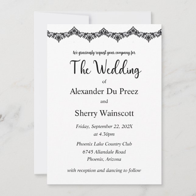 Hochzeitseinladungen in Schwarz-Weiß-Weiß Einladung (Vorderseite)