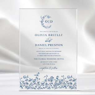 Hochzeitselegante Mongram des Blue Floral Wappen Acryleinladungen