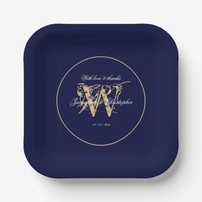 Hochzeitseleganz Blau und Gold Monogram Chic Pappteller (Vorderseite)