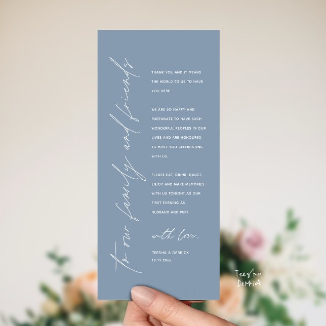 Hochzeitsempfang Abendessen Moderne Dankeskarten Programm (Welcome and thanks, Modern Wedding Reception Dinner Thank You card, family friends in dusty blue)
