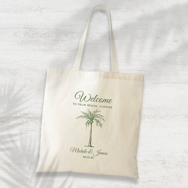 Hochzeitsempfang bei der Hochzeit des grünen tropi Tragetasche (Sage Green Tropical Palm Tree Wedding Welcome Tote Bag)