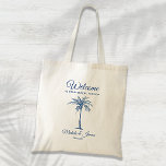 Hochzeitsempfang bei Hochzeitsfeiern mit Blauem Tr Tragetasche<br><div class="desc">Passen Sie diese blauen "Welcome" Tasche mit Ihrer eigenen Touch an. Dieses Design zeichnet sich durch moderne Schrift,  blauen Text und künstlerische Palmen aus. Personalisieren Sie es mit Ihren Namen,  Hochzeitstermin und Ort. Wenn Sie Hilfe oder passende Artikel benötigen,  kontaktieren Sie mich bitte.</div>