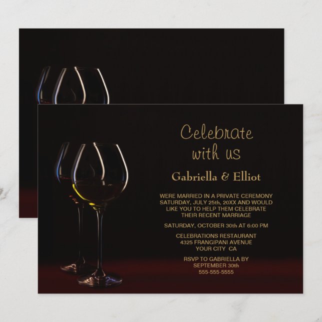 Hochzeitsempfang Black Gold Wine Glass Party Einladung (Vorne/Hinten)