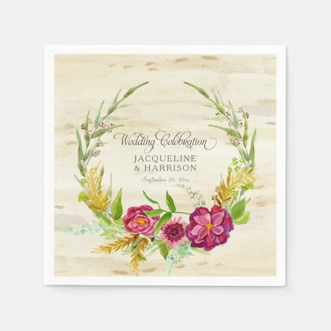 Hochzeitsempfang Burgundy Wreath Rustikales Land Serviette (Vorderseite)