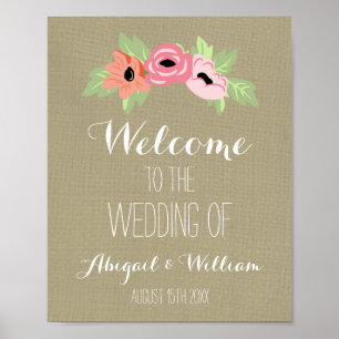 Hochzeitsempfang Custom Sign Burlap Spring Bloral Poster