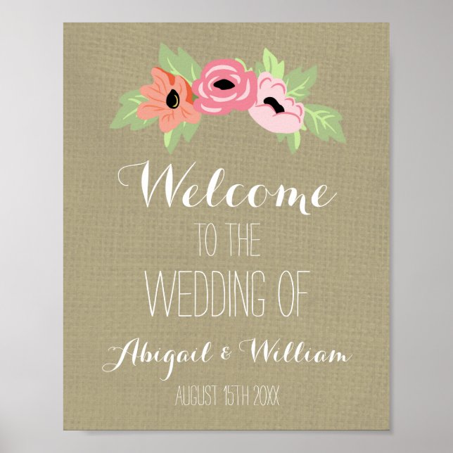 Hochzeitsempfang Custom Sign Burlap Spring Bloral Poster (Vorne)