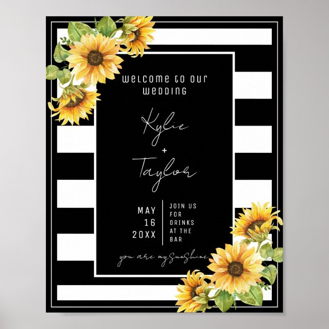 Hochzeitsempfang der Sonnenblume Schwarz und Weiß Poster (Vorne)