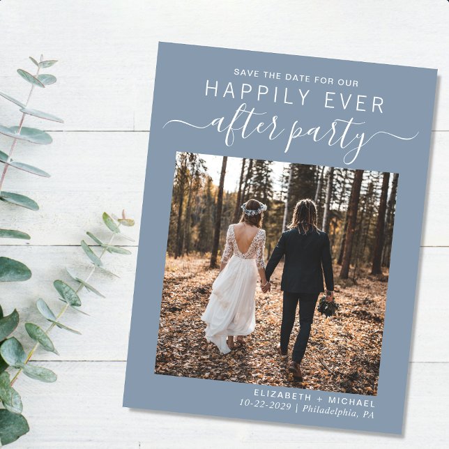 Hochzeitsempfang Foto Dusty Blue Save the Date Ankündigungspostkarte (A stylish save the date announcement for a reception to celebrate your elopement or private wedding)