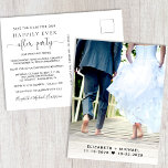 Hochzeitsempfang Foto Save the Date Ankündigungspostkarte<br><div class="desc">Hochzeitsankündigung und Save the Date für einen Empfang oder Party, um Ihre Veranstaltung oder kleinere private Hochzeit zu feiern. An der Vorderseite finden Sie Ihr Lieblings-Foto, Ihre Vornamen, Hochzeitsdaten und Empfang-Termine. Die Rückseite zeigt "Save the Date für unser glückliches aller Party" in einer Mischung aus einfacher Typografie und einem eleganten...</div>