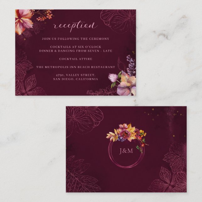 Hochzeitsempfang für Burgundy Fall Floral Monogram Begleitkarte (Vorne/Hinten)