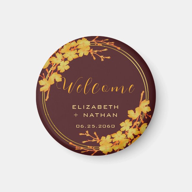Hochzeitsempfang für Classy Burgundy & Gold Floral Magnet (Vorne)
