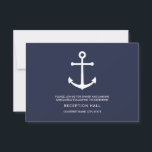 Hochzeitsempfang für die blaue Navy Einladung<br><div class="desc">Fügen Sie Ihrer Hochzeit eine persönliche Touch mit der modernen nautisch-marineblau Anker Hochzeitssuite: Hochzeitsempfangskarte. Diese Empfang-Karte zeigt eine Abbildung des weißen Ankerpunktes mit Details in weißem,  modernem Sans Serif Schriftart auf marineblau Hintergrund. Ideal für Hochzeiten mit Wassersportaktivitäten,  Hochzeiten zum Thema Strand und vieles mehr.</div>
