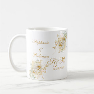 Hochzeitsempfang für moderne Gold Floral Monogram Kaffeetasse