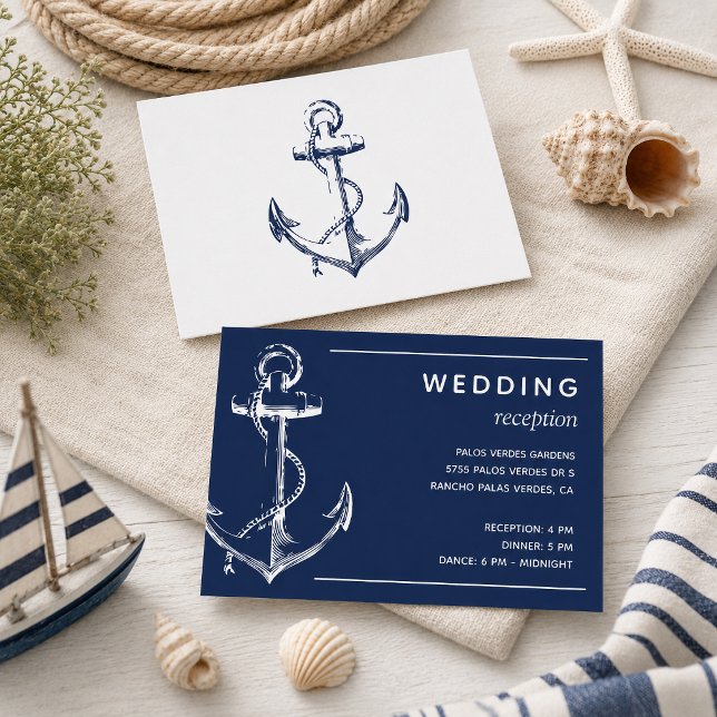 Hochzeitsempfang für Navy Begleitkarte (Tie the knot with this navy nautical sketch anchor wedding stationary.)