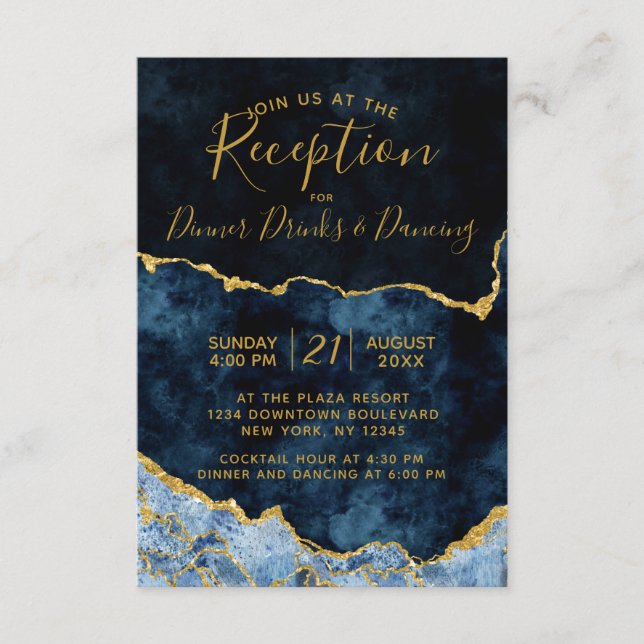 Hochzeitsempfang für Navy Blue Gold Foil Agate Begleitkarte (Vorderseite)
