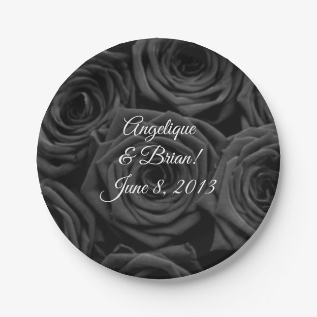 Hochzeitsempfang für schwarze Rose Pappteller (Vorderseite)