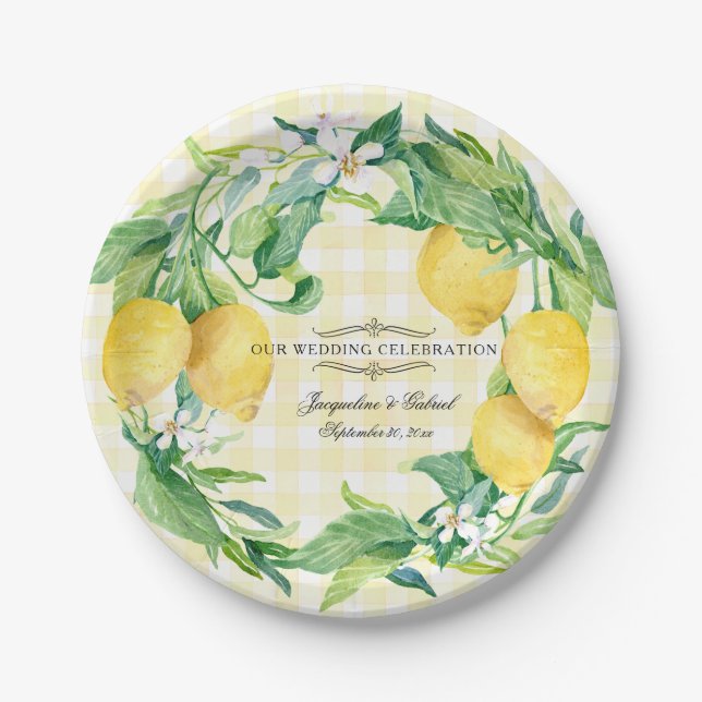 Hochzeitsempfang Gingham Lemon Floral Leaf Wreath Pappteller (Vorderseite)