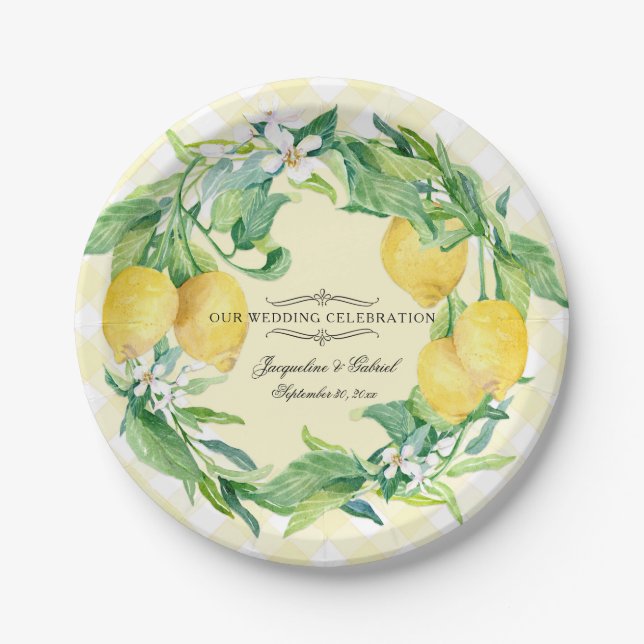 Hochzeitsempfang Gingham Lemon Floral Leaf Wreath Pappteller (Vorderseite)