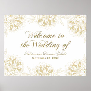 Hochzeitsempfang Gold Elegante Peony Floral Poster