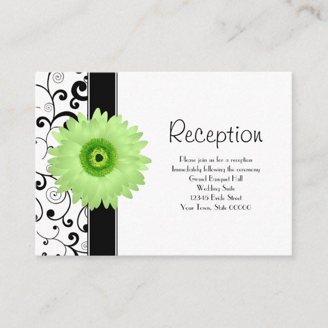 Hochzeitsempfang Green Gerbera Daisy Black Scroll Begleitkarte (Vorderseite)