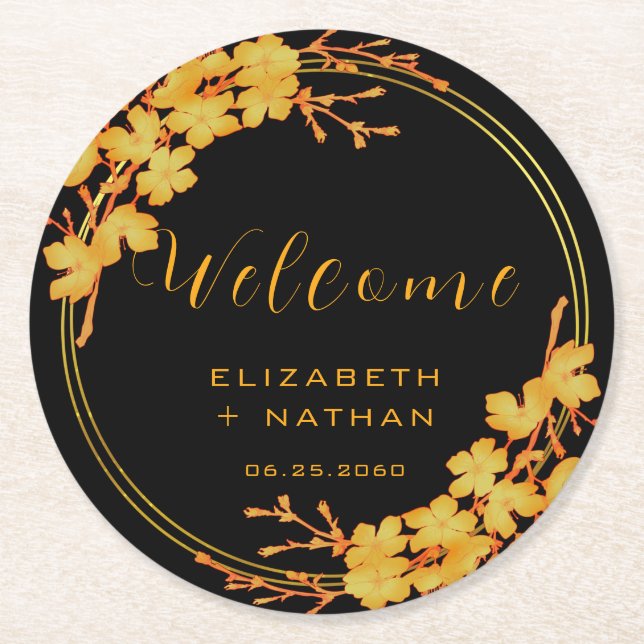 Hochzeitsempfang in Black & Gold Floral Runder Pappuntersetzer (Vorderseite)