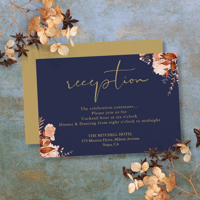 Hochzeitsempfang in blau-goldblauer Blüte Begleitkarte (Navy Blue And Gold Rustic Floral Wedding Reception Enclosure Card)