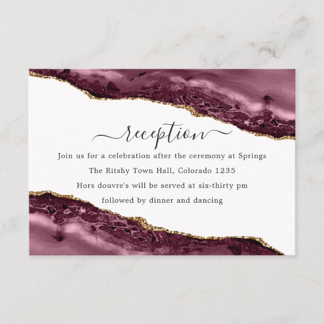 Hochzeitsempfang in Burgund und Gold Agate Begleitkarte (Vorderseite)