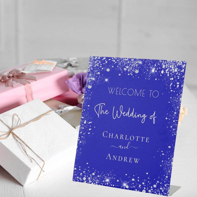 Hochzeitsempfang in Königsblau-Silber-Glitzer Sockelschild (Von Creator hochgeladen)