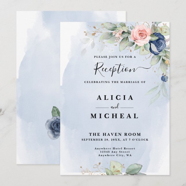 Hochzeitsempfang in Navy Blue & Blush Pink Blume Einladung (Vorne/Hinten)