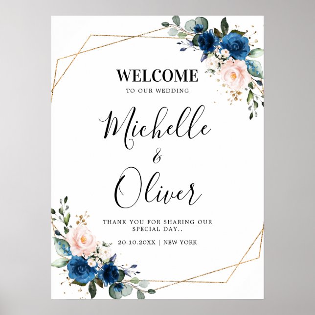 Hochzeitsempfang in Navy Blue Blush Pink Florals Poster (Vorne)