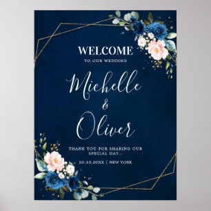 Hochzeitsempfang in Navy Blue Blush Pink Florals Poster