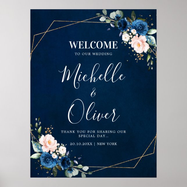 Hochzeitsempfang in Navy Blue Blush Pink Florals Poster (Vorne)