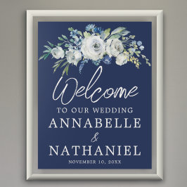 Hochzeitsempfang in Navy Blue Floral Moderne Winte Poster