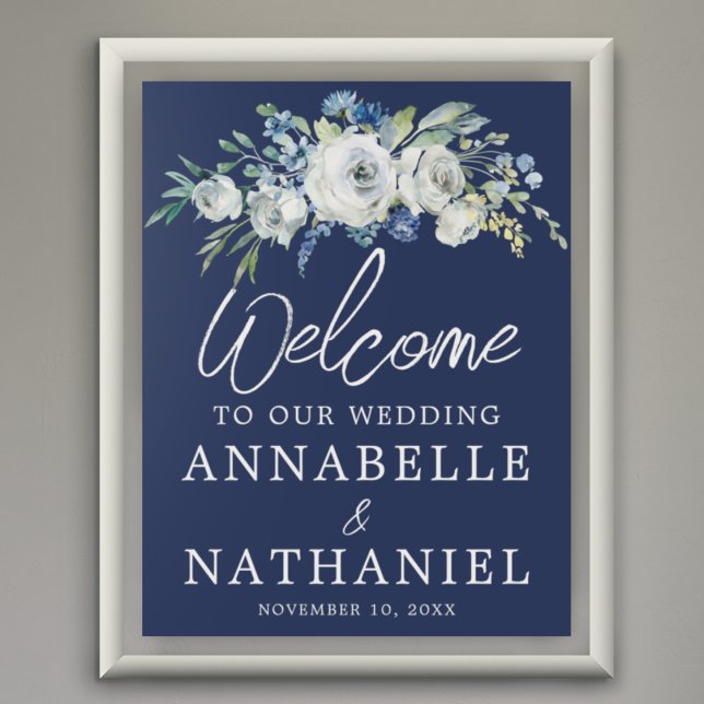 Hochzeitsempfang in Navy Blue Floral Moderne Winte Poster (Von Creator hochgeladen)
