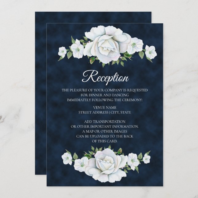 Hochzeitsempfang in Navy Blue mit White Floral Einladung (Vorne/Hinten)