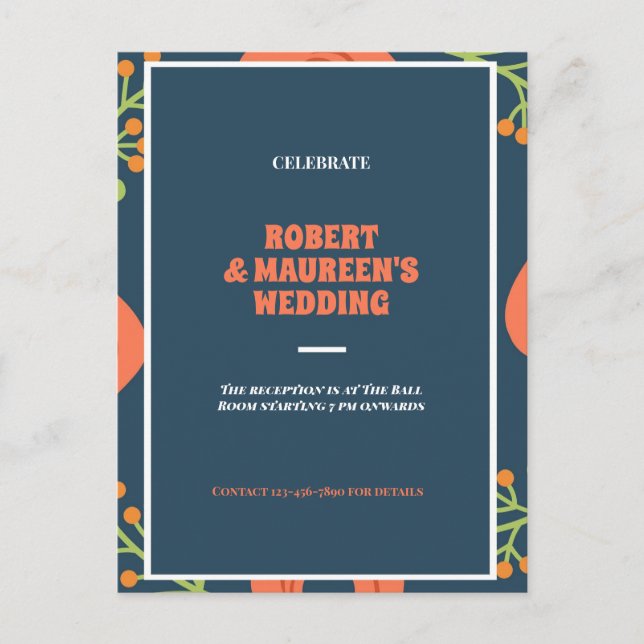 Hochzeitsempfang in Navy und Rot Einladungspostkarte (Vorderseite)