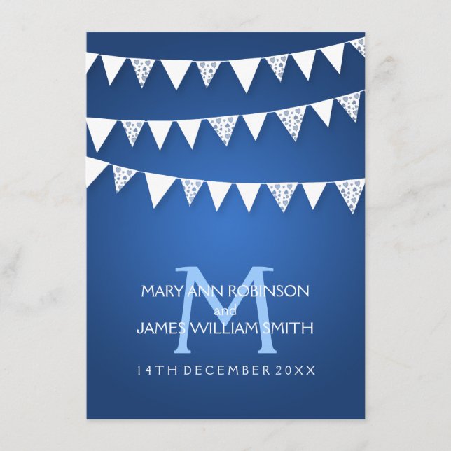 Hochzeitsempfang Liebe Bunting Monogram Blue Begleitkarte (Vorderseite)