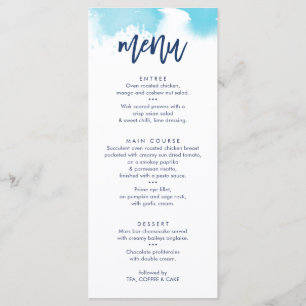 HOCHZEITSEMPFANG-MENÜ süßes aqua-blaues Aquarell Menükarte