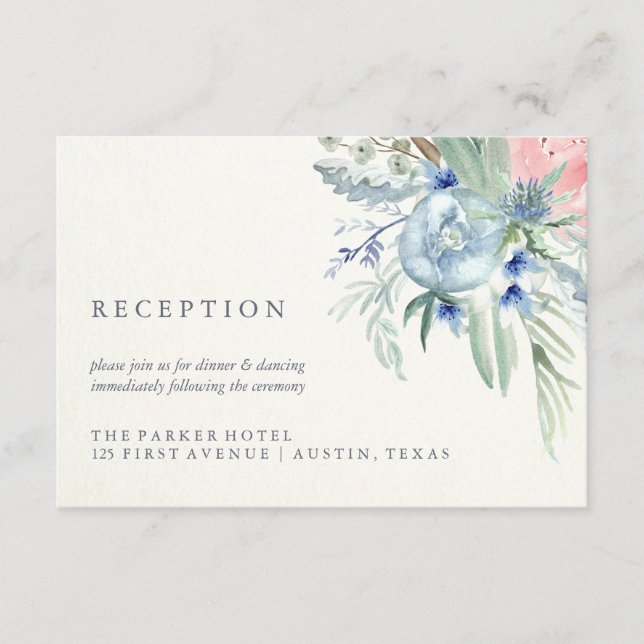 Hochzeitsempfang mit blauem und rosa Peony Waterco Begleitkarte (Vorderseite)