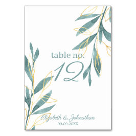 Hochzeitsempfang mit goldenem grünem Wasser Tischnummer