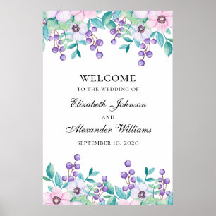Hochzeitsempfang mit lila Blumenmotiv und Aquarell Poster