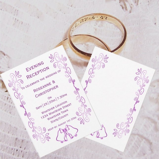 Hochzeitsempfang mit lila Glocken Einladung (Purple wedding reception invitation bells and scrollwork design)