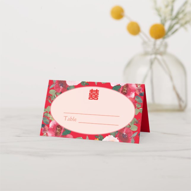 Hochzeitsempfang mit rotem Blumenkranz Platzkarte (Vorderseite)