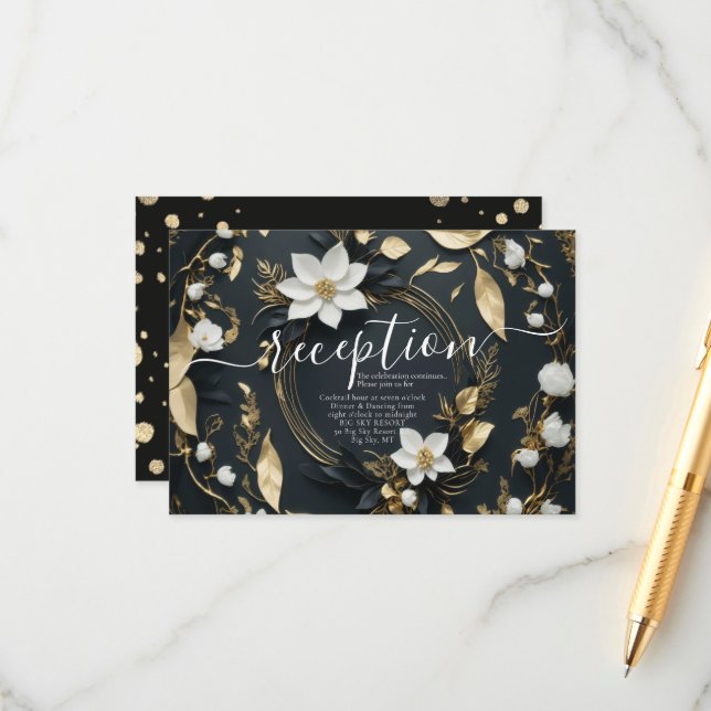 Hochzeitsempfang mit Schwarz-weißem Gold-Blumenkra Begleitkarte (Vorderseite/Rückseite Beispiel)