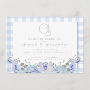 Hochzeitsempfang Monogram Blue Gingham Begleitkarte