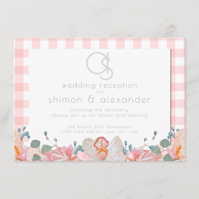 Hochzeitsempfang | Monogram Coral Gingham Begleitkarte (Vorderseite)