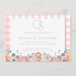 Hochzeitsempfang | Monogram Coral Gingham Begleitkarte