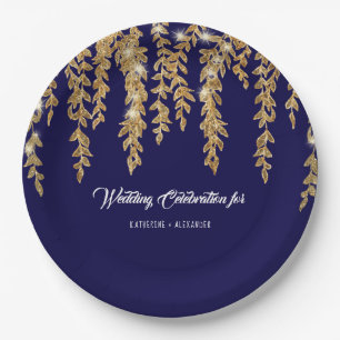 Hochzeitsempfang Navy Gold Leaf Twinkle Lights Pappteller
