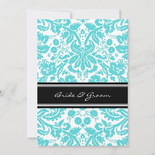 Hochzeitsempfang nur Aqua Black Damask Einladung (Vorderseite)